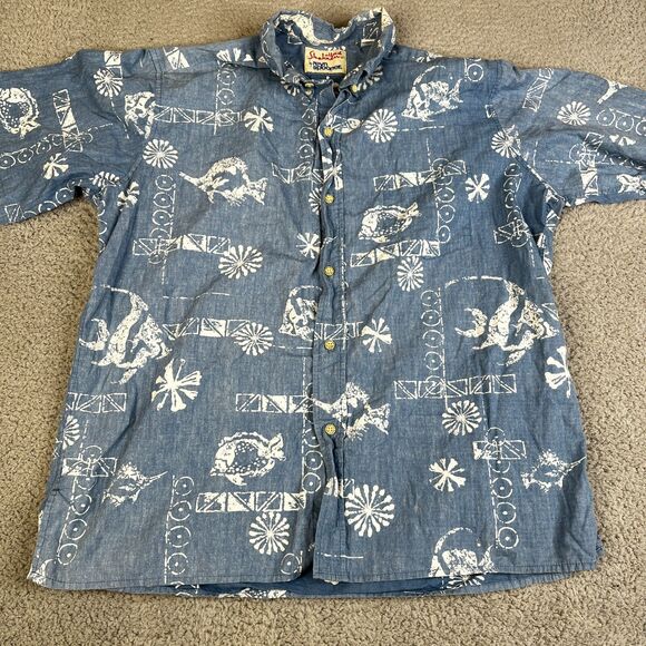 Reyn Spooner Alfred Shaheen Shirt Mens L Blue Hawaiian Button Fish Floral - Picture 1 of 12